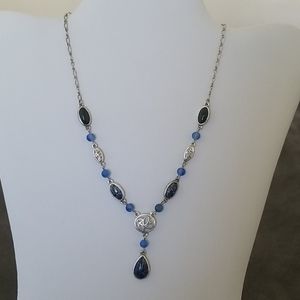Silvertone Blue Stone Drop Necklace